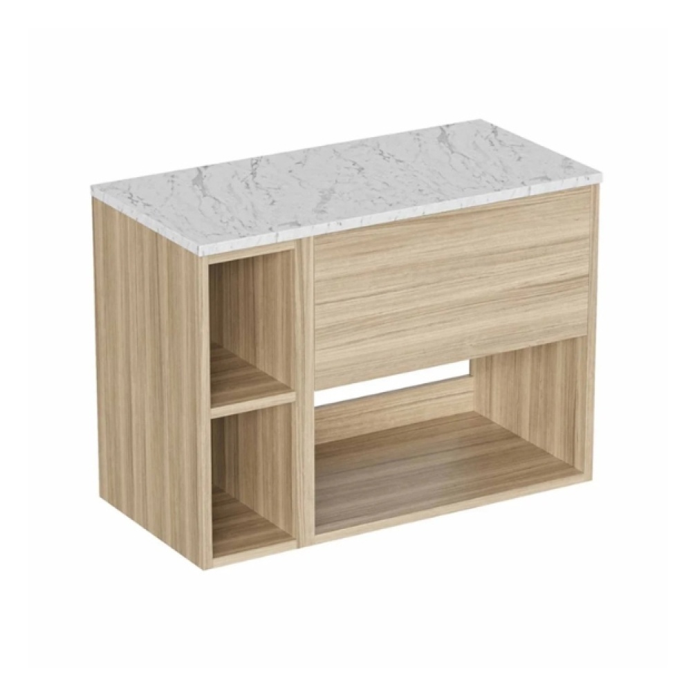 Cut out image of the Britton Hackney Cherry Wood 800mm Wall Hung Vanity Unit with Carrara Worktop & Shelf Unit